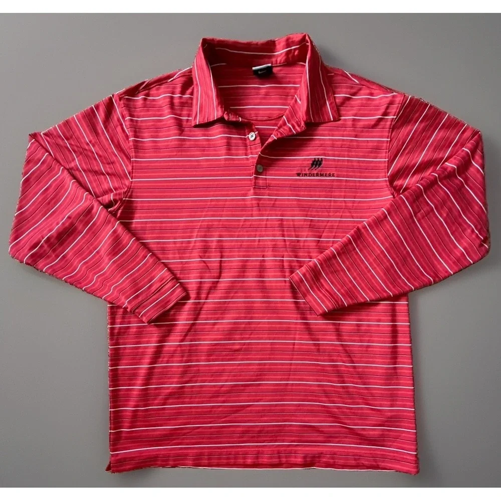 Nike Golf Dri-FIT Long Sleeve Polo Shirt Red Striped Embroidered Logo Large JBHS